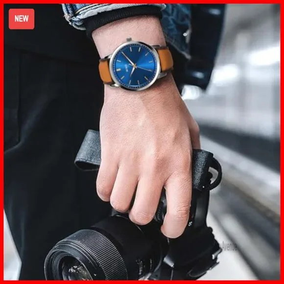 Men's Brown Leather Dress Watch Minimalist Slim Case Analog Quartz